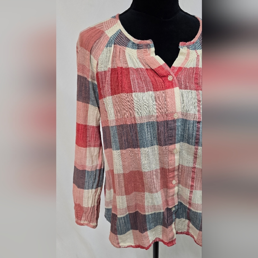 Lucky Brand women L plaid smock neck button front blouse, semi sheer, costal - Picture 2 of 8